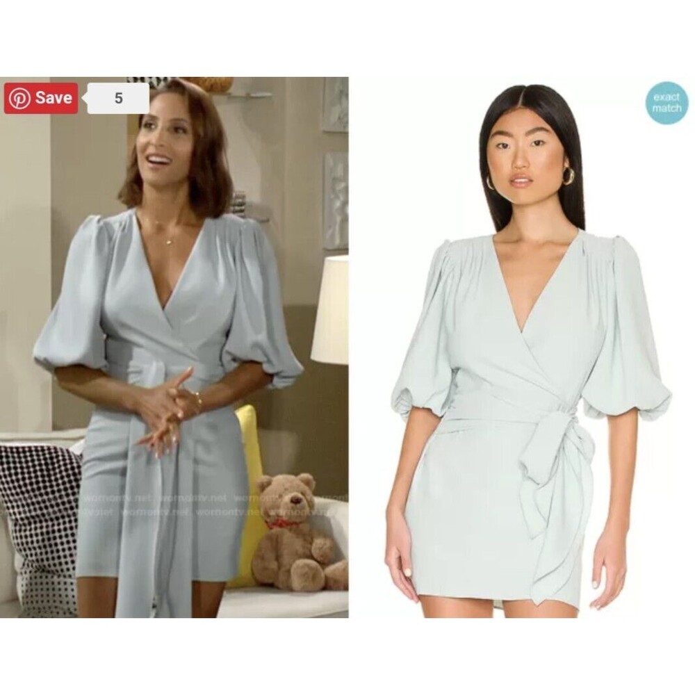 Amanda Uprichard Alida Dress Thyme Mini Mint Green Faux Wrap Balloon Sleeve M